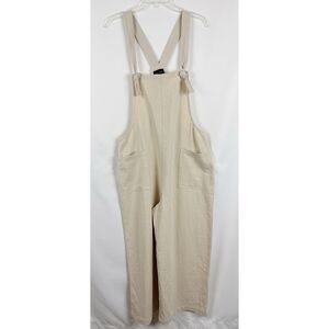 Miou Muse Women Large Linen Blend Oatmeal Cream Overalls Wide Leg, Coastal